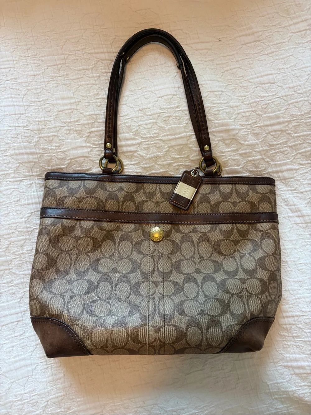 Coach Brown Signature Stripe Tote with Gold Accents